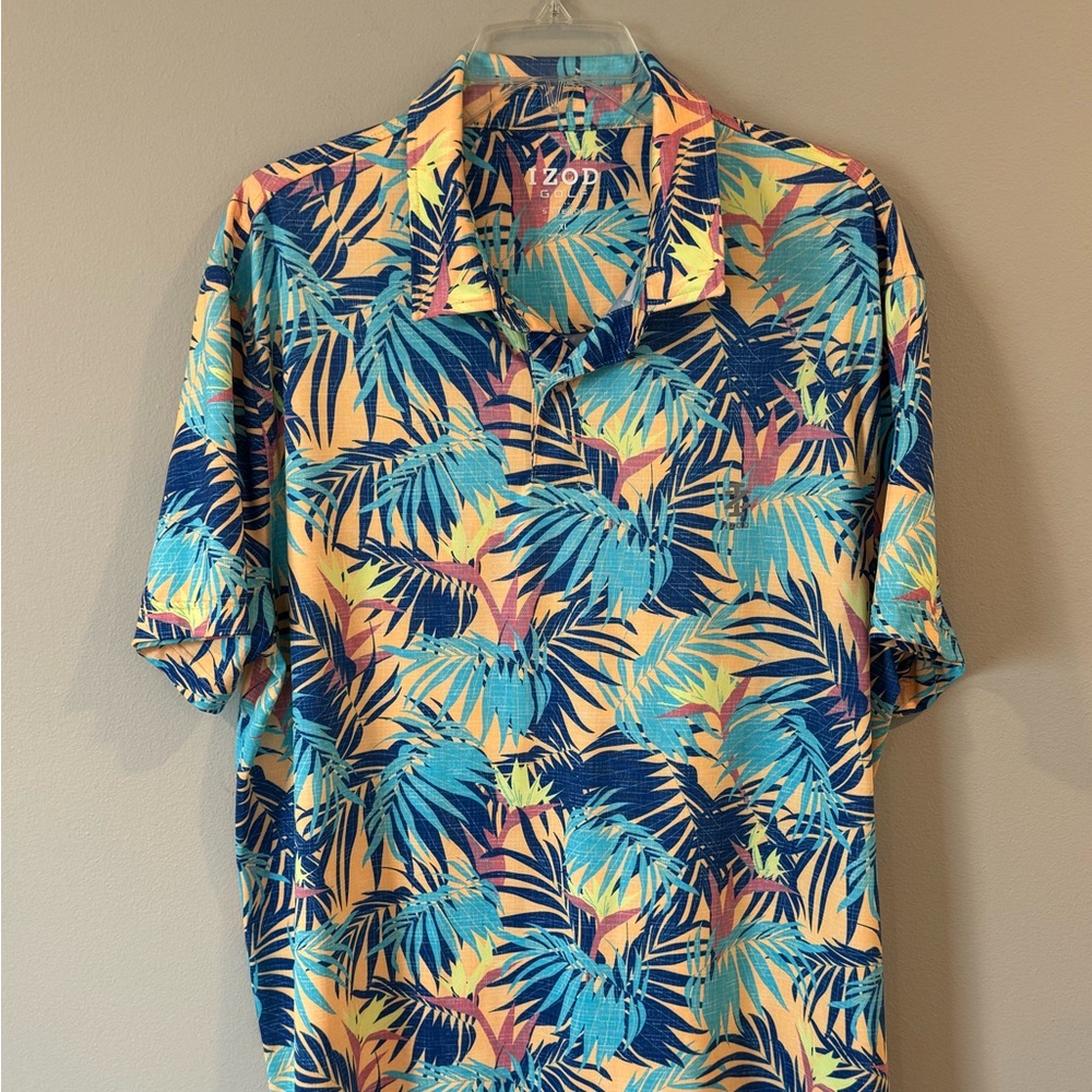IZOD Golf with Stretch Polo Shirt Mens XL Floral Yellow Blue Beach Cruise